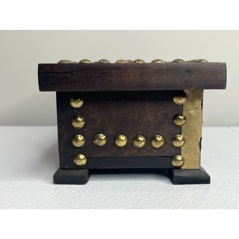 Vtg Handmade Wooden Trinket Box With Hammered‎ Brass Tacks